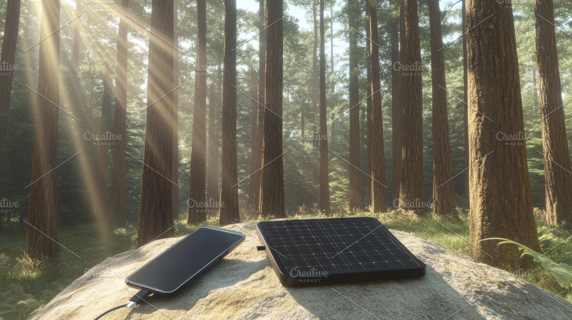 Solar charger on rock in forest setting, showcasing eco-friendly, a Photo by Dvoevnore photos