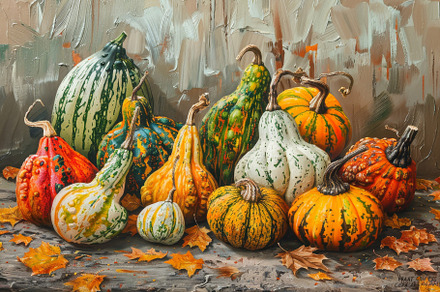 A vibrant display of various pumpkin, a Photo by Tanuart