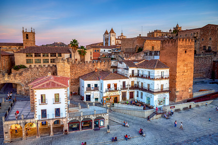 Plaza Mayor of Caceres at sunset, overhead view., an Architecture Photo by CreativePhotoSpain