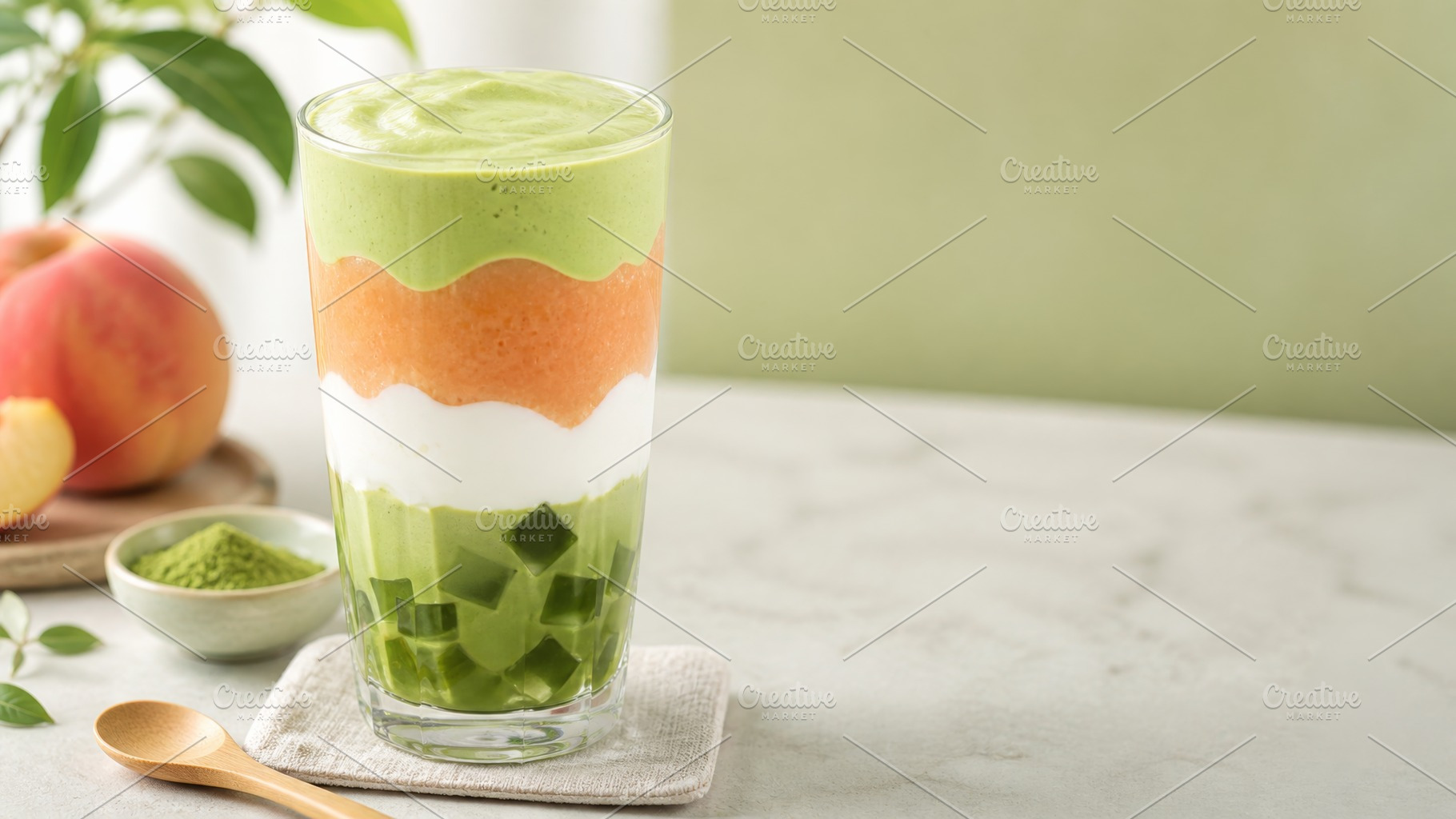 Layered matcha peach beverage with t, a Photo by Dvoevnore photos