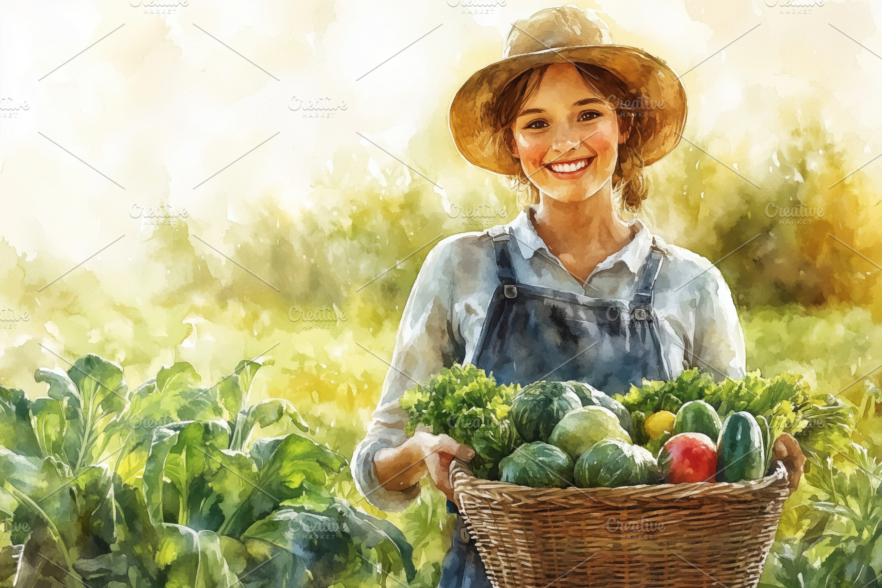 A cheerful woman wearing a straw hat and overalls, holding a basket filled with, a Person Photo by Textures & Backgrounds