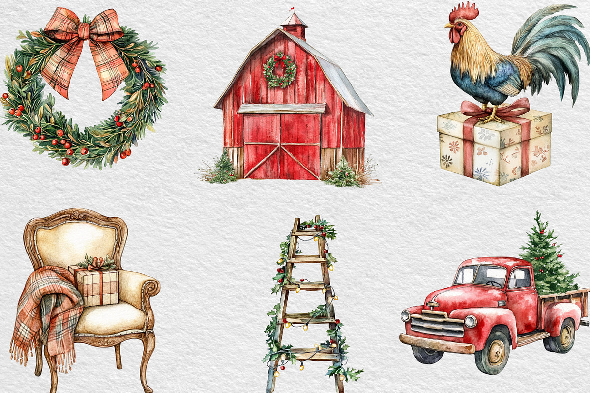 Vintage Christmas Farm Clipart, an Illustration by Black Bird Studio (Photo 2 of 6)