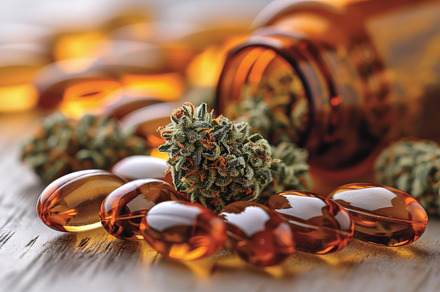 Close-up of medical marijuana with capsules and glass bottle, a Photo by AS photostudio