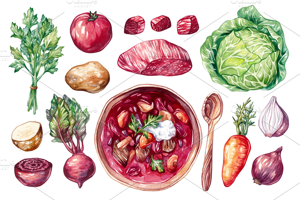 Beetroot Soup+Watercolor Ingredients, an Illustration by Olga Olmix (Photo 4 of 9)