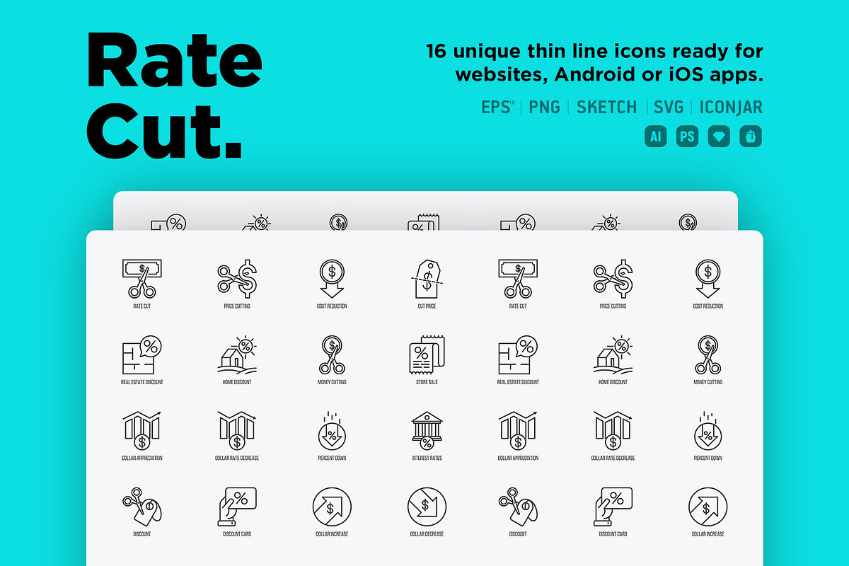 Rate Cut | 16 Thin Line Icons Set, an Outline Icon by Alex Blogoodf (Photo 2 of 15)