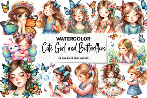 Cute Girl and Butterflies Clipart, an Illustration by DreamArtGraphic