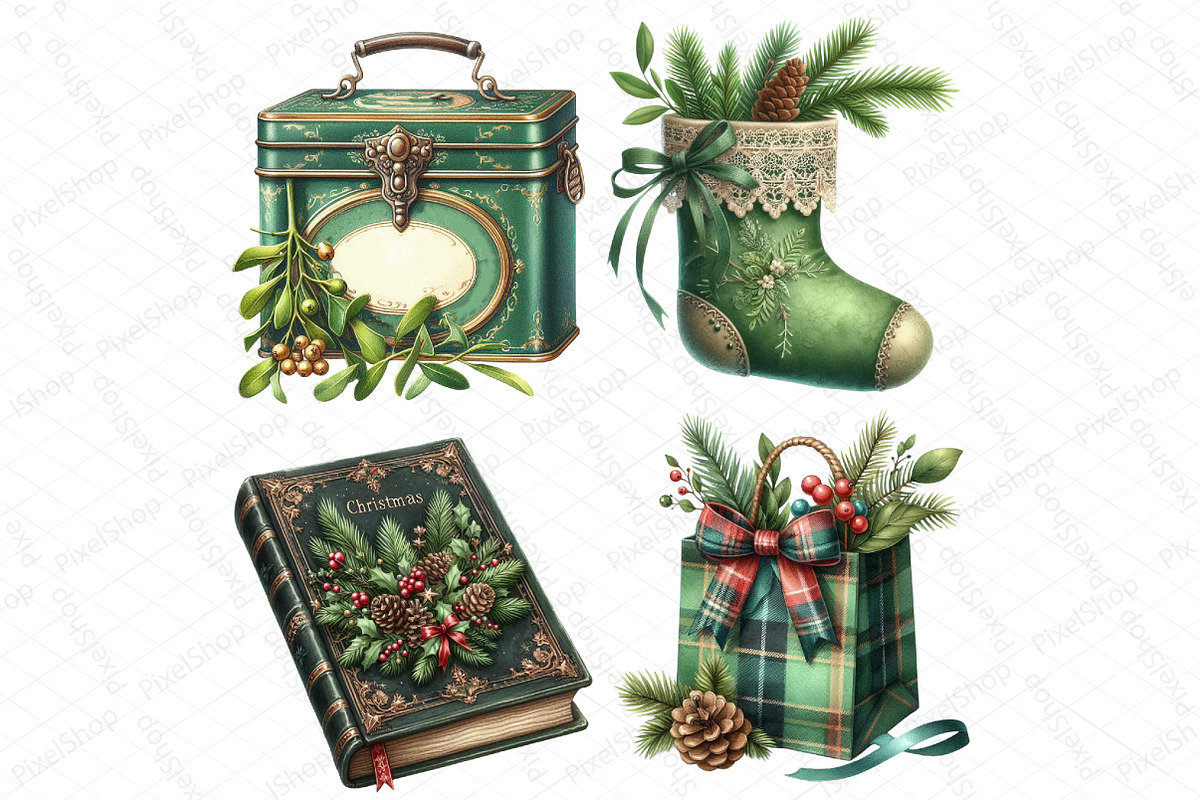 Vintage Green Christmas Clipart PNG, an Illustration by DreamPrint404 (Photo 4 of 4)