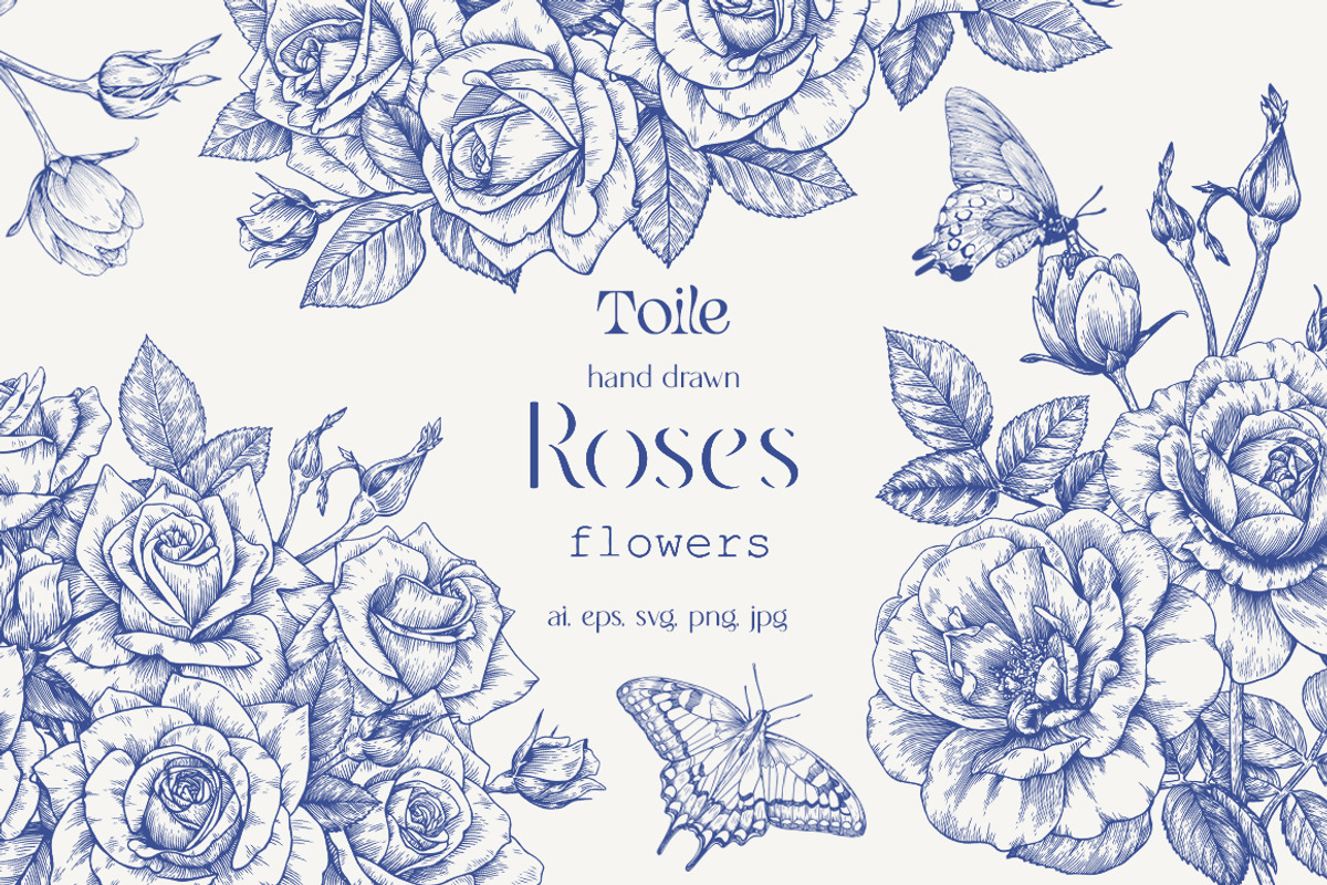 Roses Vintage set Blue Toile Vector, an Object Graphic by ON_lineart_store (Photo 1 of 10)