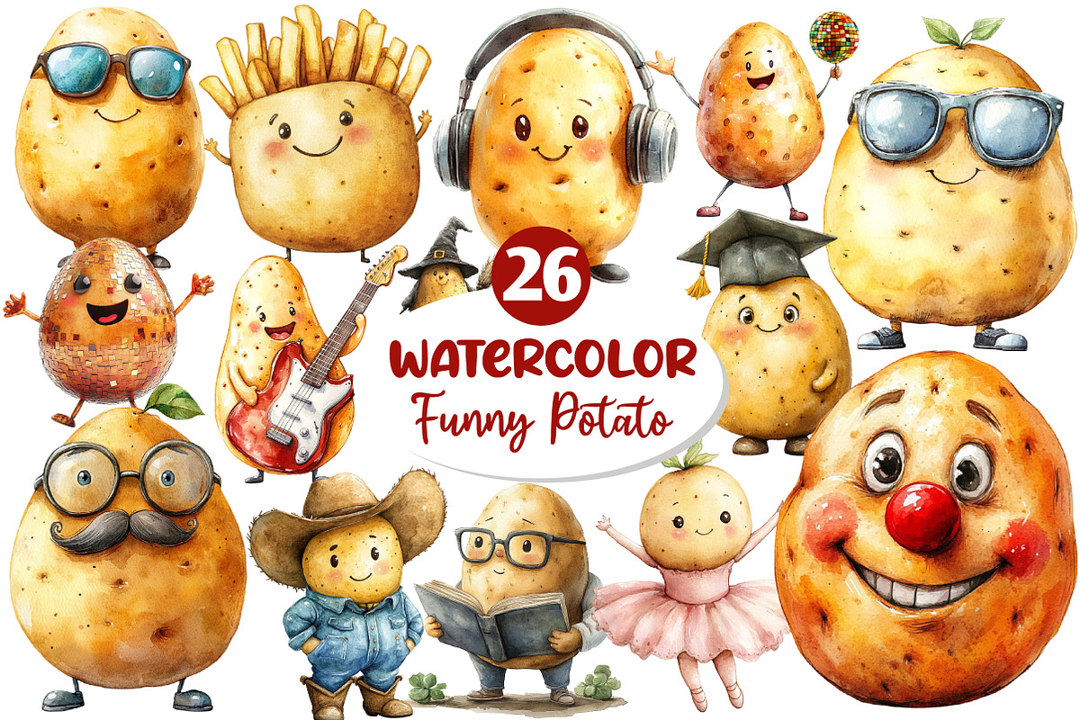 Funny Potato Watercolor Clipart, an Illustration by Dream Creation (Photo 1 of 6)
