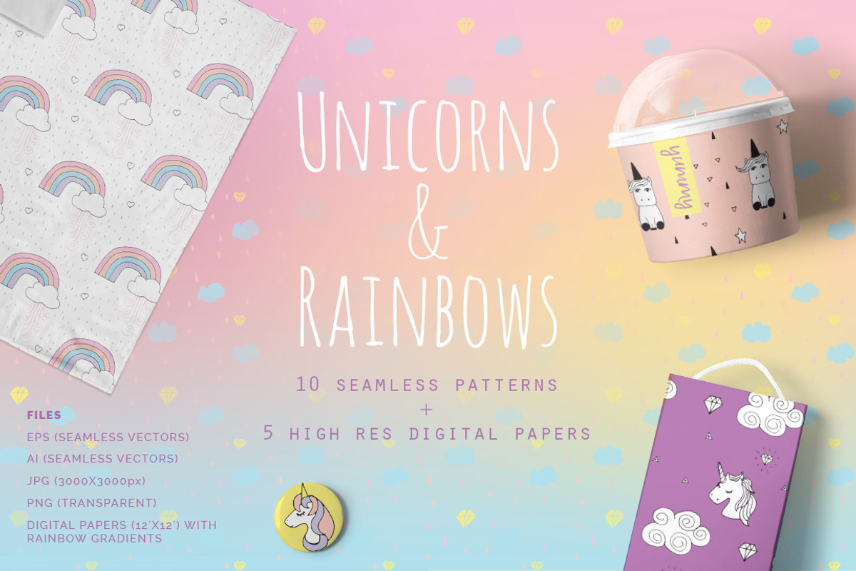 Unicorns & Rainbows Patterns, a Pattern Graphic by Youandigraphics (Photo 1 of 11)