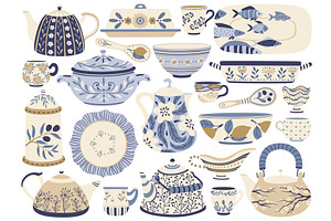 Ceramic pottery. Porcelain teapots, a Decorative Illustration by Frogella