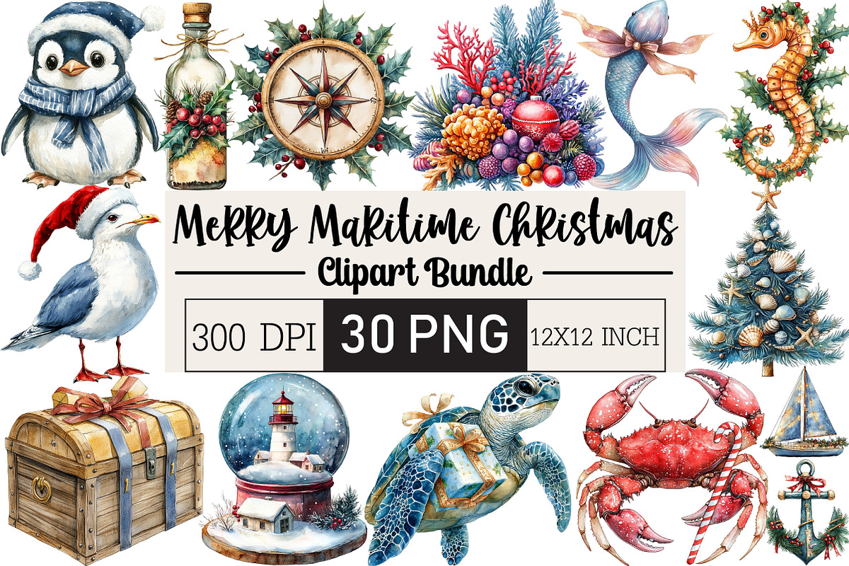 Merry Maritime Christmas Clipart, an Illustration by Black Bird Studio (Photo 1 of 6)