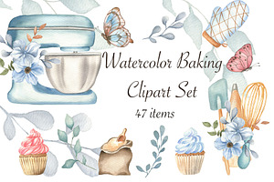 Watercolor blue Baking Clipart Set, an Illustration by ViolettaKh