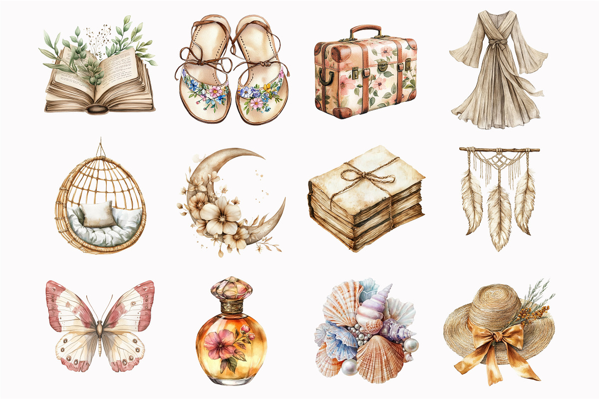 Watercolor Boho Summer Clipart, an Illustration by Design Market (Photo 5 of 5)
