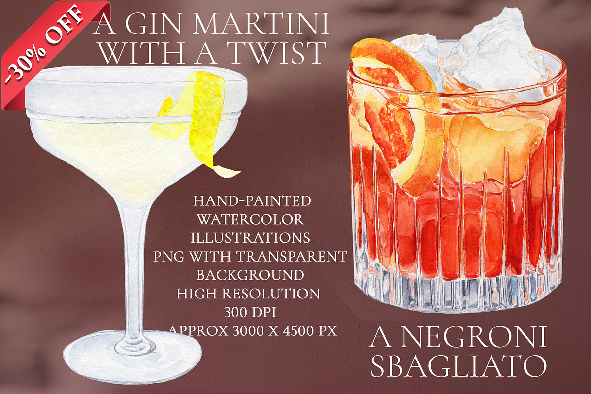 Martini&Negroni Watercolor Cocktails, a Food Illustration by Olexandra Mur (Photo 1 of 5)
