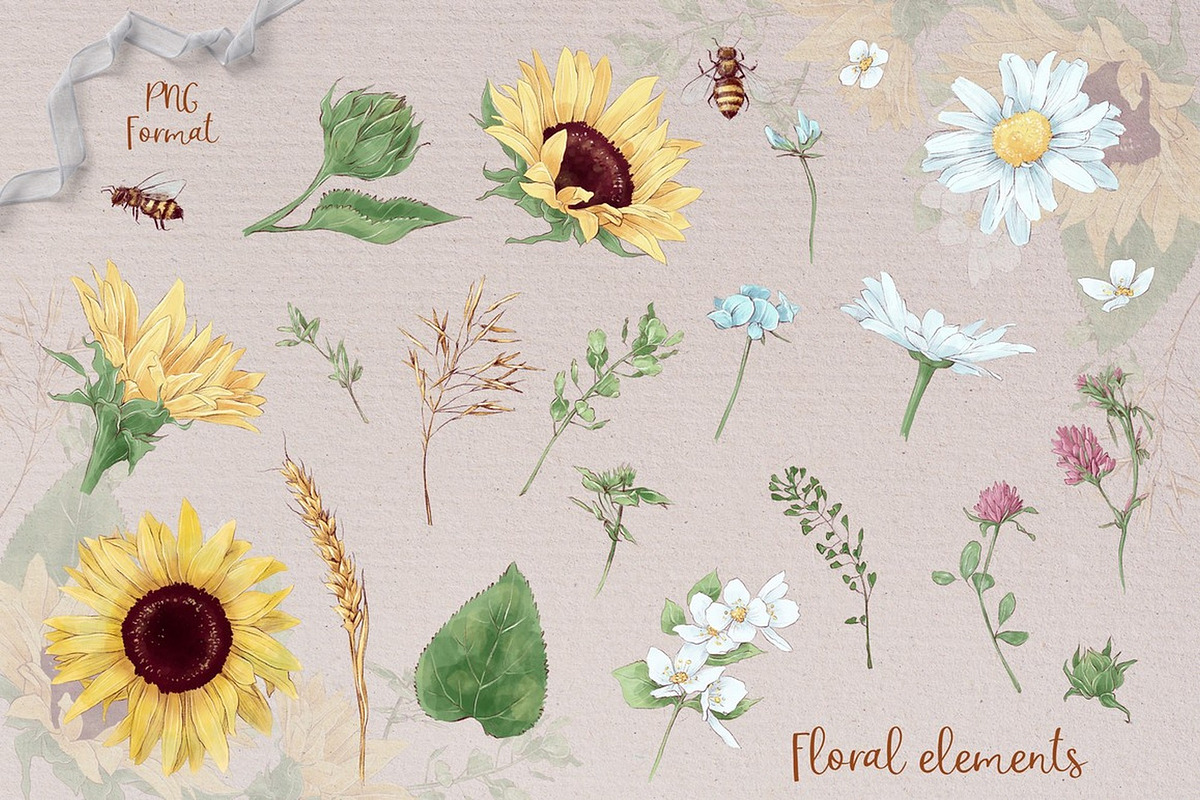 Bees & sunflowers Digital clipart., an Illustration by Yuliya Art (Photo 6 of 8)