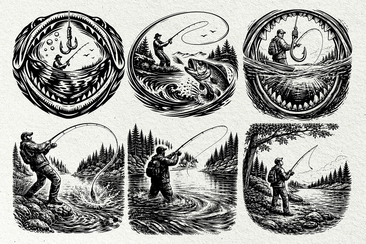 Fishing Scenes Engraving Graphics, a Sport Illustration by DENIDigitalArtSudio (Photo 4 of 8)