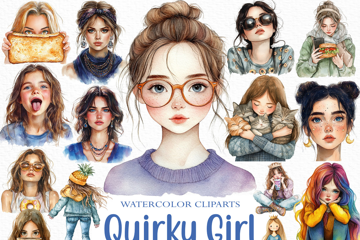 Quirky Girl Clipart Bundle, an Illustration by Craft Nest (Photo 1 of 6)