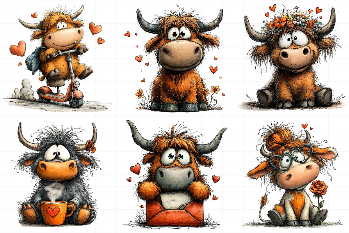 Quirky Valentine Highland Cow Clipar, an Illustration by Daily.Designs (Photo 3 of 8)