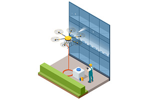 Isometric cleaning drone washing a, an Object Illustration by Golden Sikorka