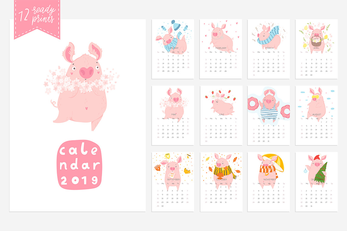 Funny pig - calendar 2019, a Seasonal Illustration by Artnis (Photo 4 of 12)