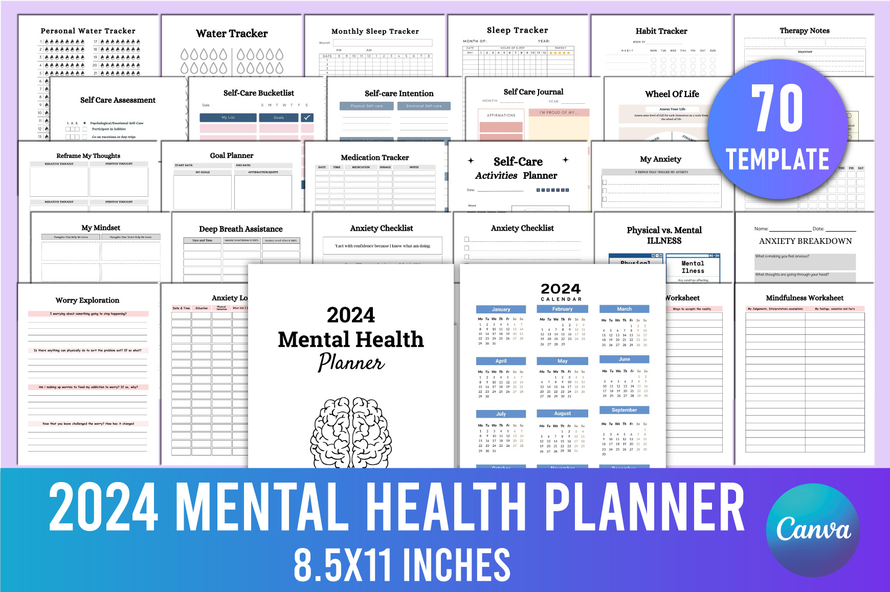 Editable 2024 Mental Health Planner, a Stationery Template by Shumaya