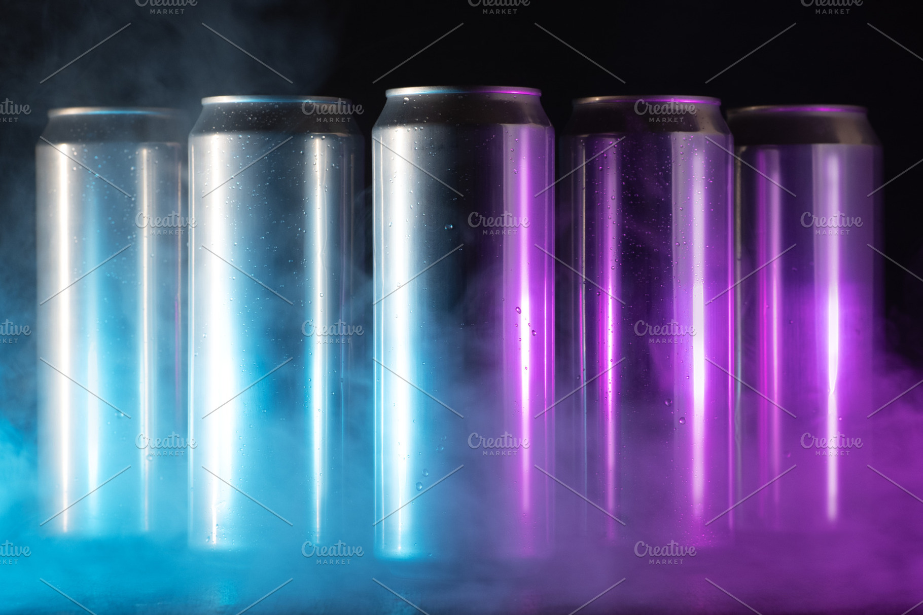 aluminum cans 500 ml in water drops on a dark background. colored light and smo, a Food & Drink Photo by PavelKant