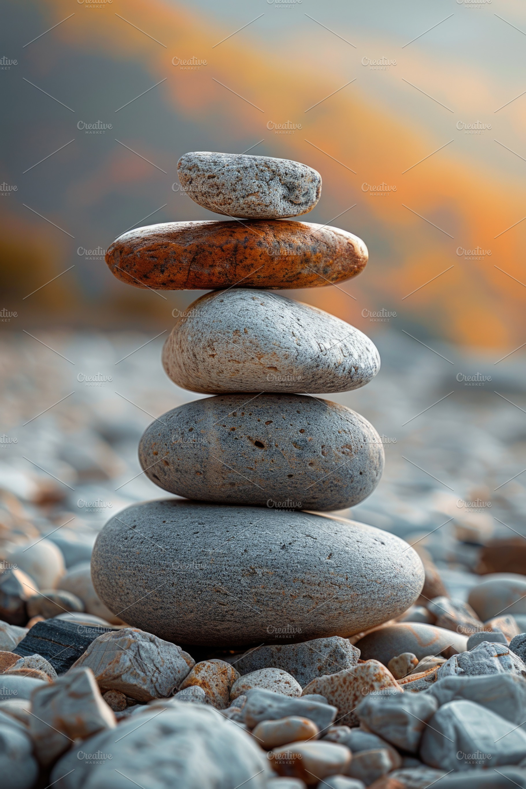 Balanced stacked stones on beach at sunset, zen harmony and mind, an Abstract Photo by José Manuel Gelpi