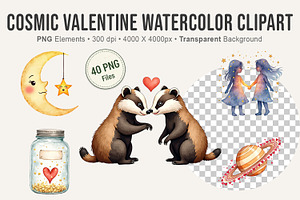 Cosmic Valentine Watercolor Clipart, an Illustration by Artnoy