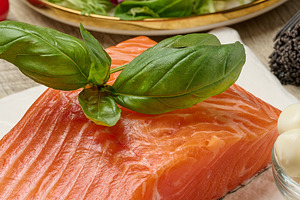 Raw salmon steak with mozzarella balls, pepper and green salad, a Food & Drink Photo by ndanko
