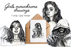 Girls, Monochrome Drawings