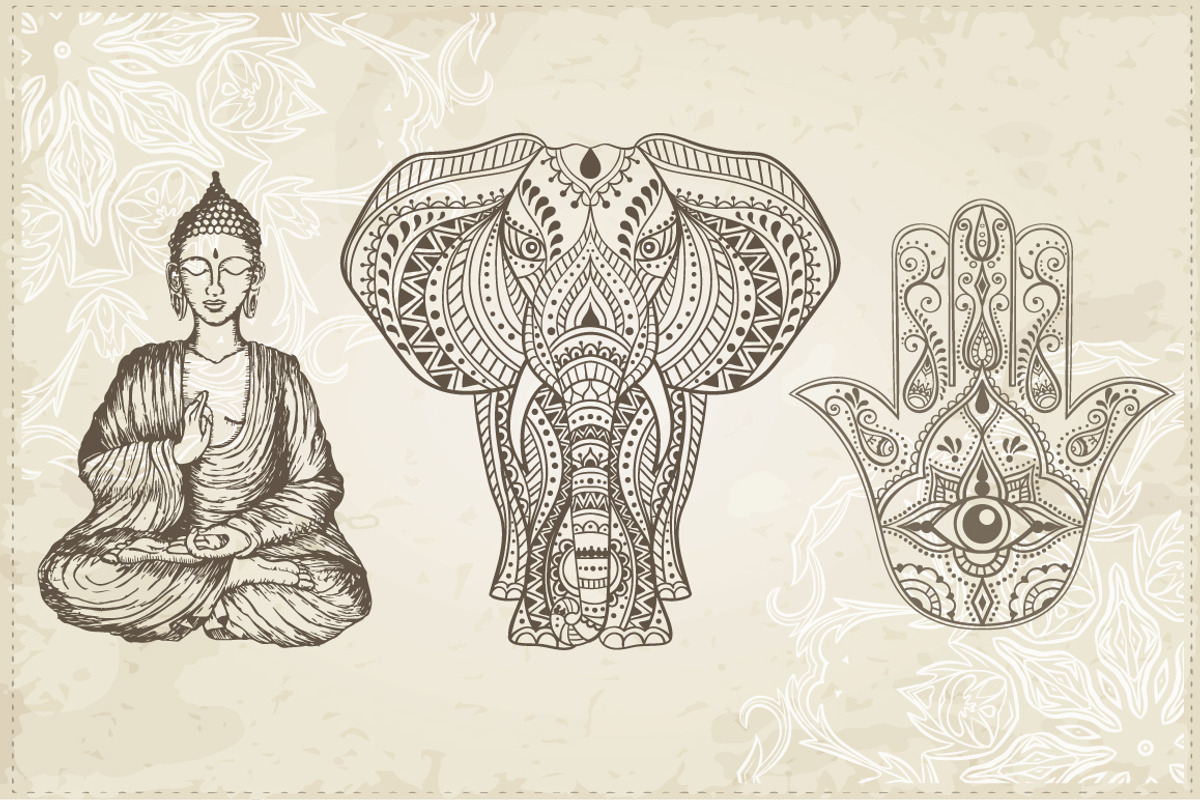 Hamsa, Elephant and Sitting Buddha, a Decorative Illustration by Tatti Graphic Studio