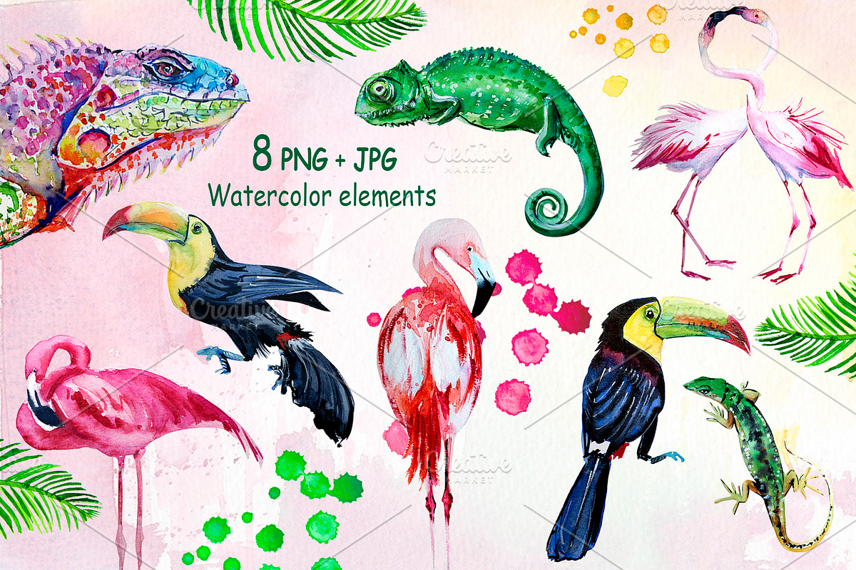 Watercolor tropical leaves Clipart, a Decorative Illustration by lilisavelieva (Photo 3 of 7)