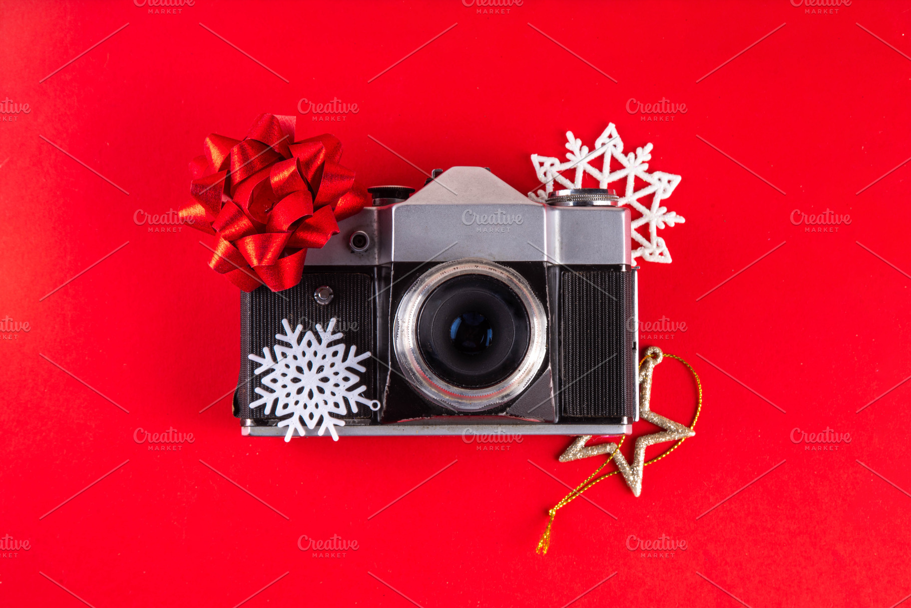 High-colored background with Christmas gifts, festive baubles, r, a Holiday Photo by Rimma