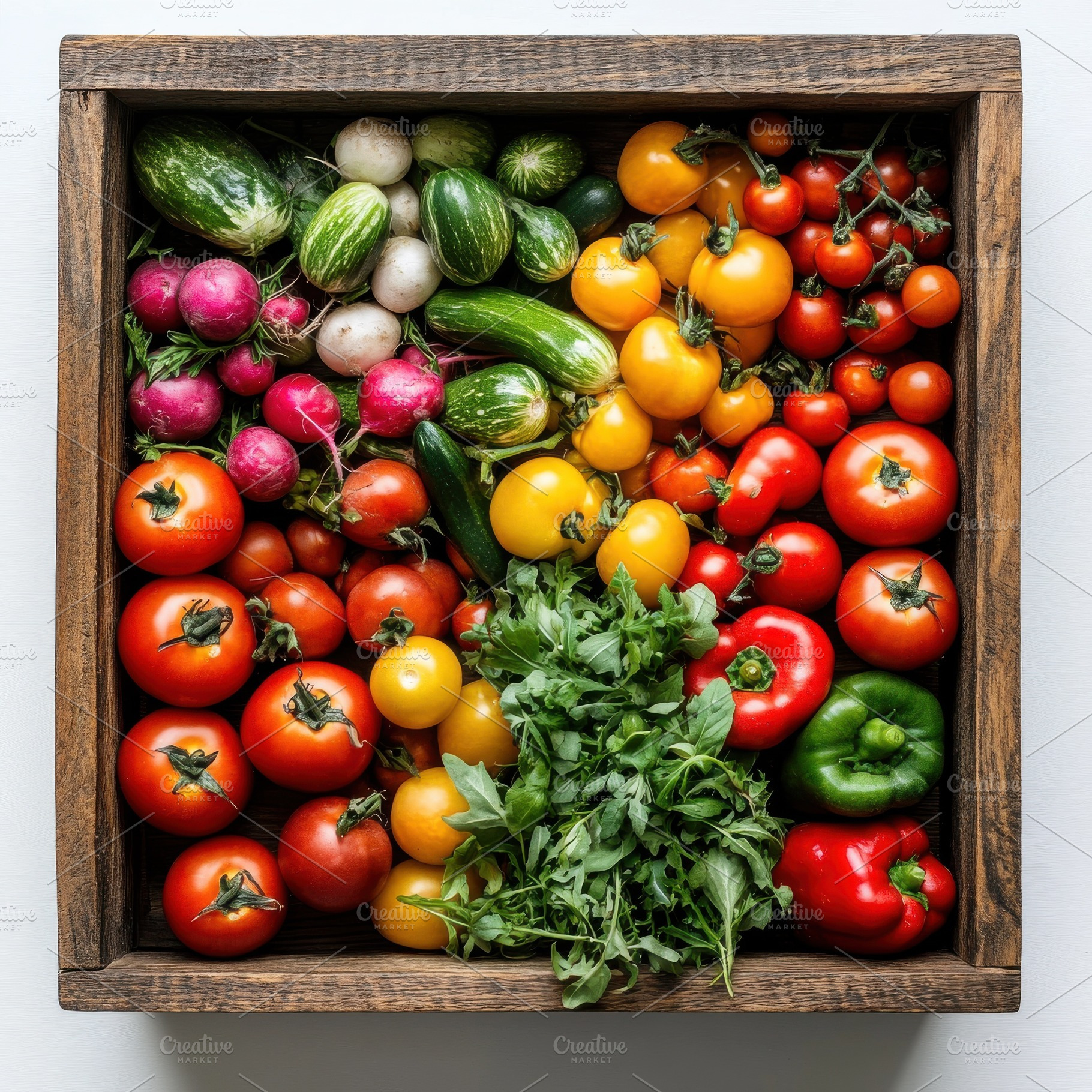 Wooden box with assortment fresh veg, a Food & Drink Photo by Pixeness Studio