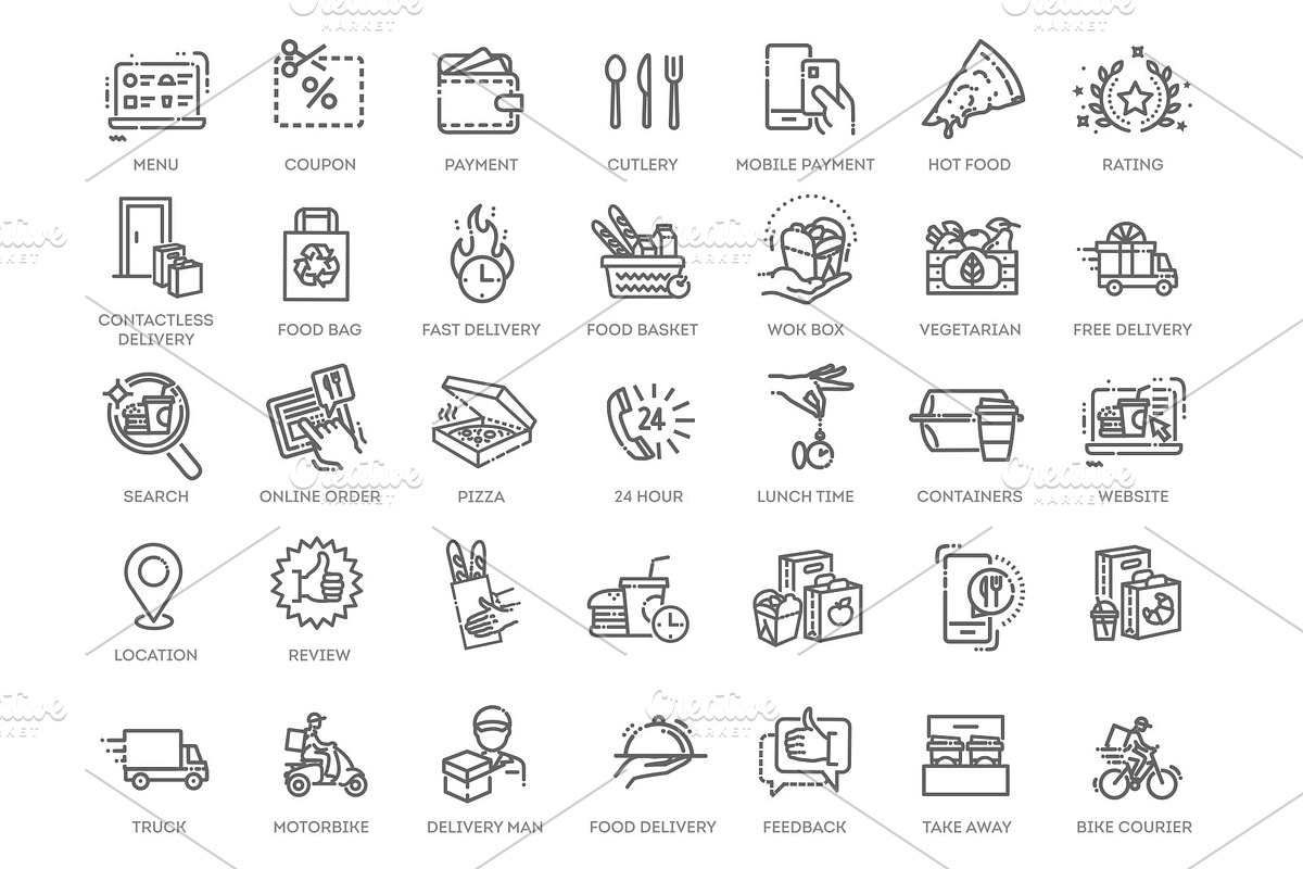 Food Delivery icons set, a Food Illustration by Tettygreen (Photo 1 of 3)