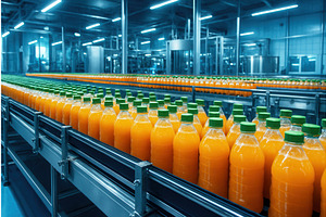 Rows of orange juice bottles with, an Illustration by Sergey Kotenev