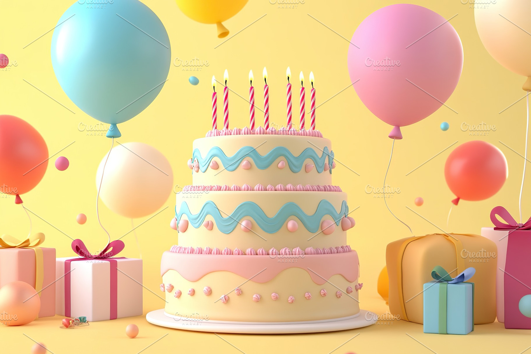 Illustration of tiered birthday cake with party balloons and candles, a Food & Drink Photo by AlyaAnd