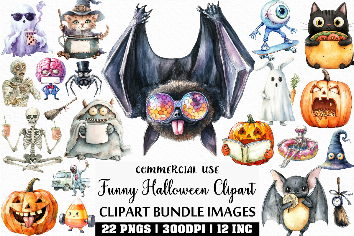 Watercolor Funny Halloween Clipart, an Illustration by Craft Nest (Photo 1 of 6)