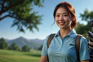 Smiling Asian Woman Golfer on Golf C, a Sports & Recreation Photo by Stock Shape