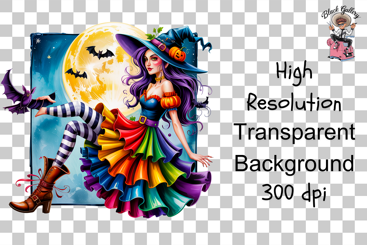 10 Colorful Autumn Witch PNG with Mo, an Illustration by Clipart Bloom (Photo 10 of 11)