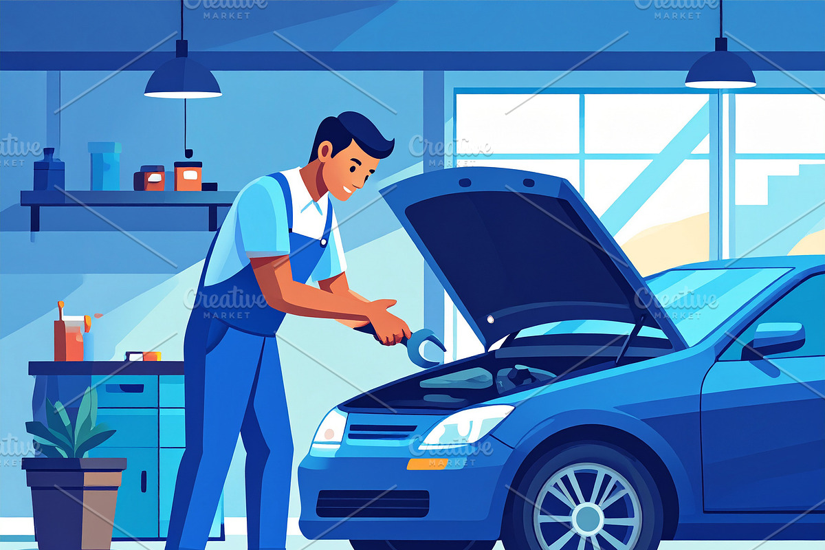 Illustration scene of a single automotive mechanic working insid, a Person Illustration by DanFLCreativo