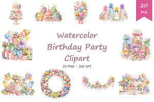 Watercolor Birthday Party Clipart
