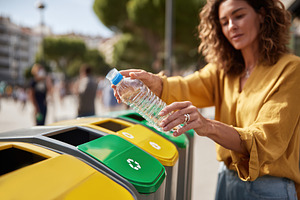 Placing plastic bottle into recycling bin in an urban park environment, a Photo by AlyaAnd