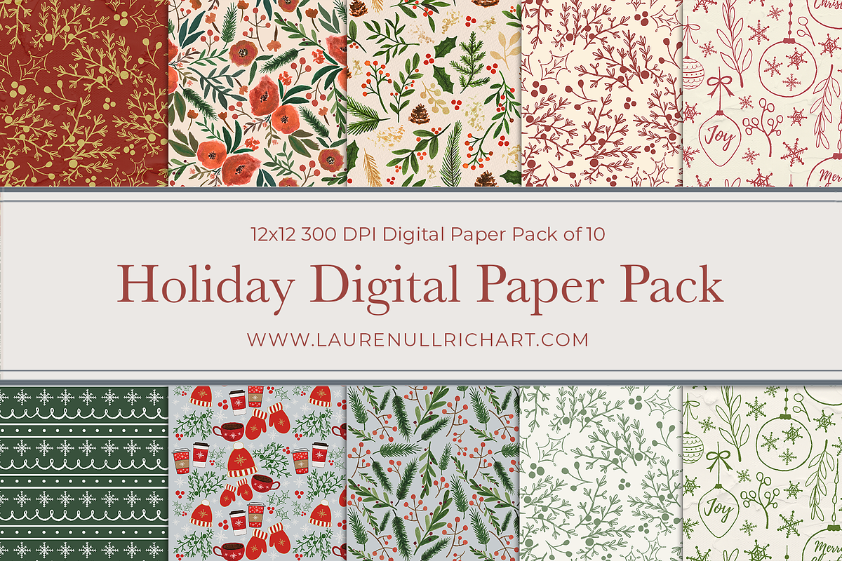Holiday Digital Paper Pack of 10, a Pattern Graphic by Lauren Ullrich Art