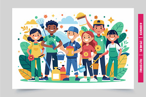 Kids clean outdoors smiling, an Illustration by Tanuart