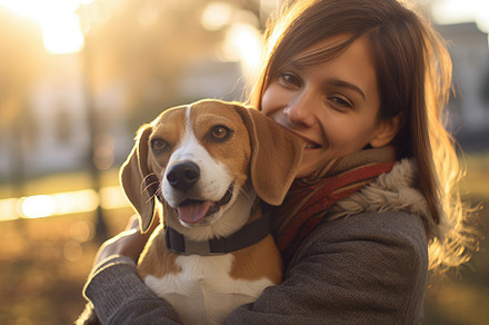 A woman hugging her beagle in the park. Generative AI, an Animal Photo by designvectx