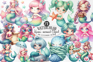 Kawaii Mermaid Clipart Bundle, an Illustration by Designking