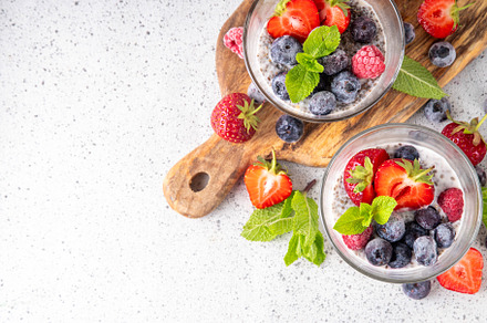 Chia seeds pudding dessert with fresh berries