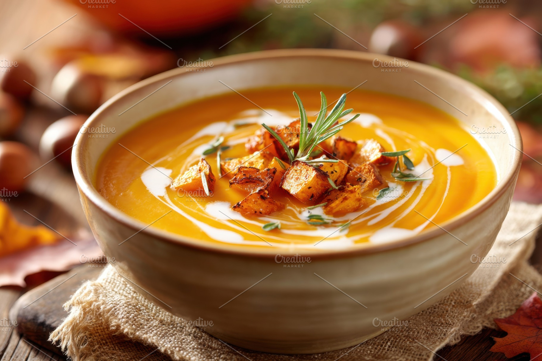 Creamy pumpkin soup with roasted pumpkin cubes, a Food & Drink Photo by AlyaAnd